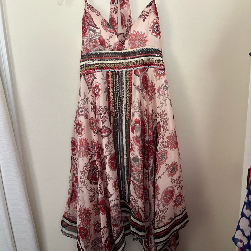 Floral Halter Dress with Red and Black Accents